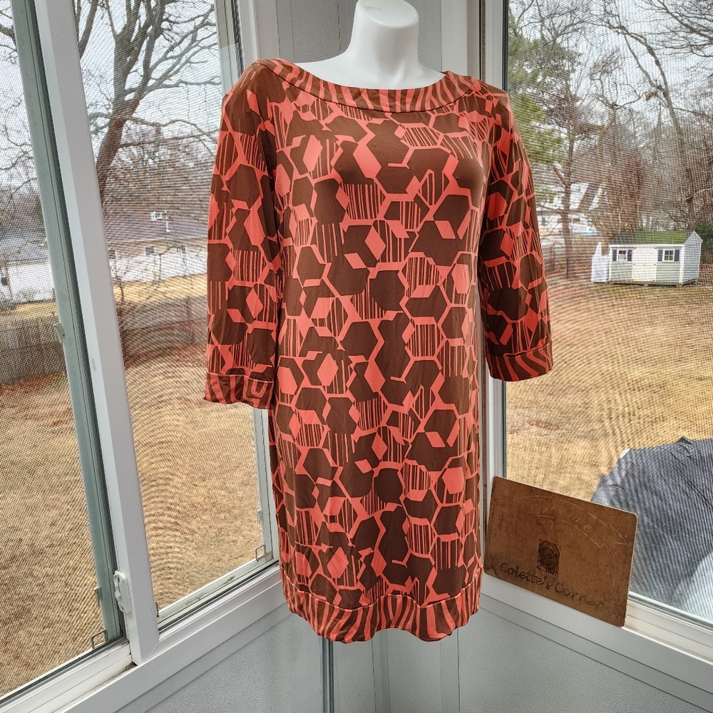 Attention Brown & Coral Geometric Stretch Sheath Dress - Picture 2 of 11